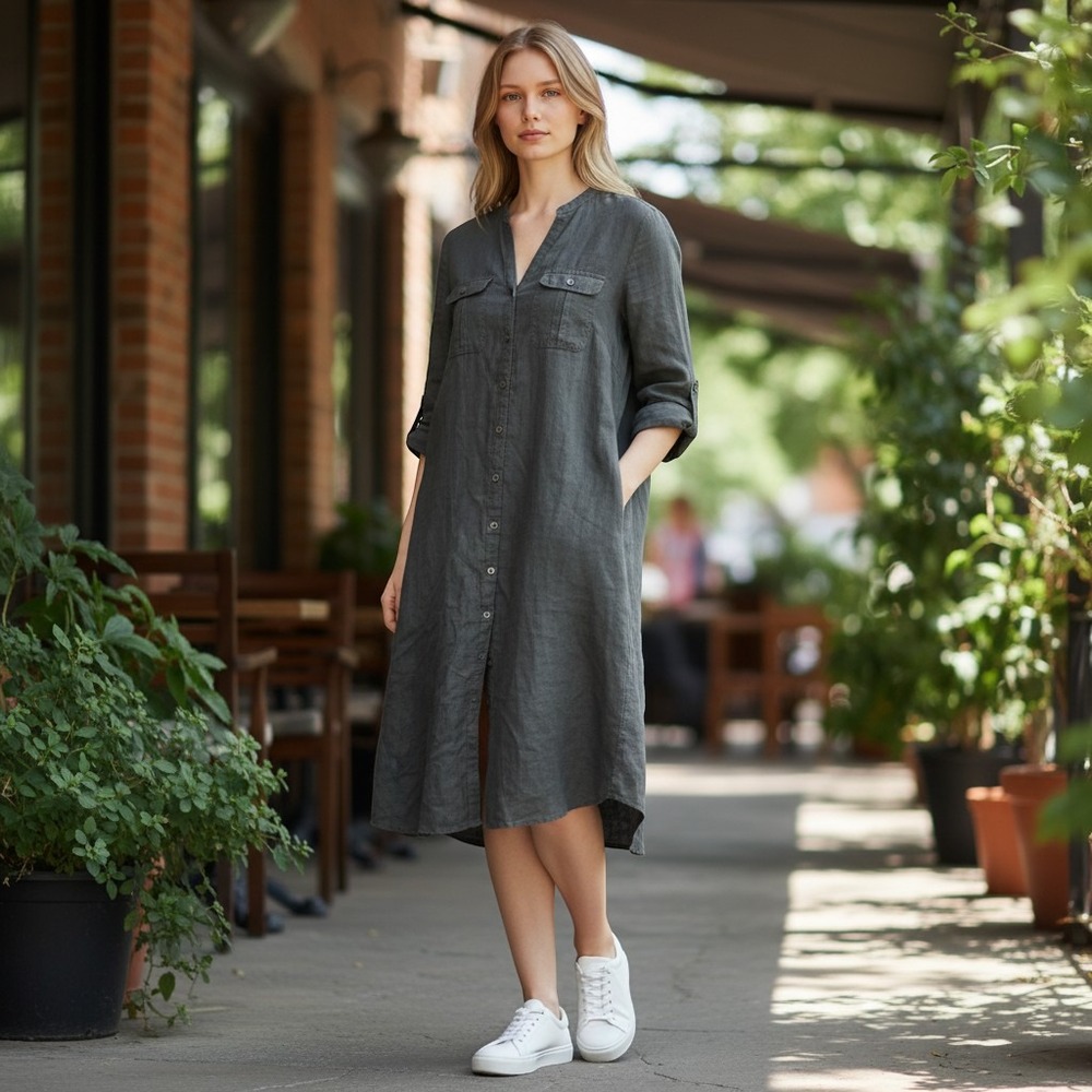 Malvin Linen Shirt Dress Womens Medium Gray Roll Tab Sleeve Button Front Utility